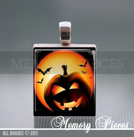 Scary Pumpkin - Halloween Scrabble Tile Pendant with Silver Ball Chain