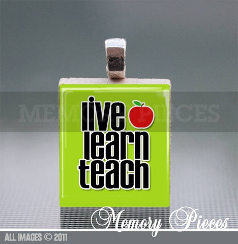 Live, learn, teach Scrabble Tile Pendant with Silver Ball Chain