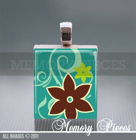 Floral Scrabble Tile Pendant with Silver Ball Chain