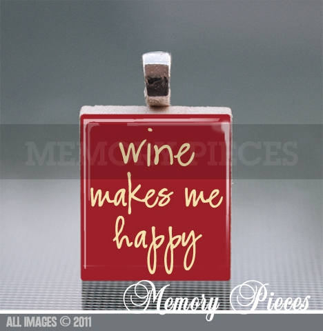 Wine Makes Me Happy Scrabble Tile Pendant with Silver Ball Chain