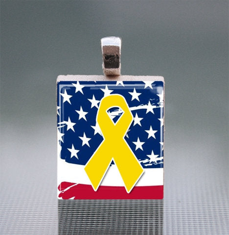USA w/Yellow Ribbon Scrabble Tile Pendant with Ball Chain