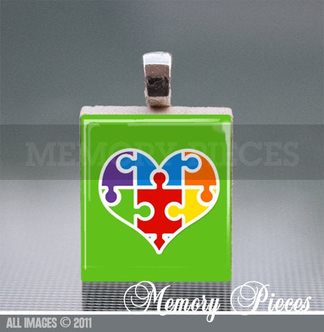 Autism Awareness Heart 'Puzzle Pieces' Scrabble Tile Pendant with Silver Ball Chain