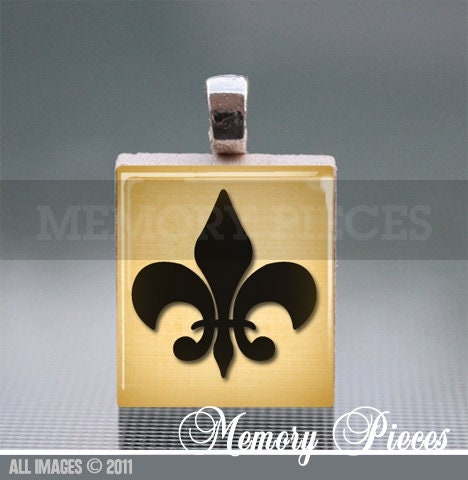 Fleur-de-lis Scrabble Gold in color Tile Pendant with Ball Chain