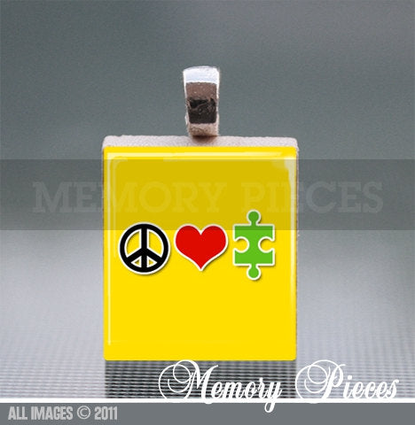 Autism Awareness 'Peace Love Autism' Scrabble Tile Pendant with Silver Ball Chain