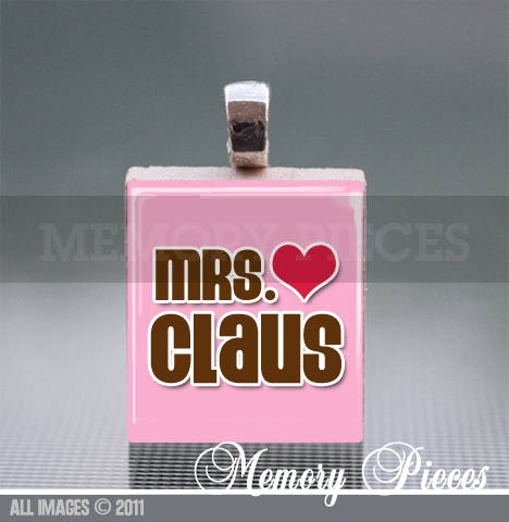 Mrs. Claus Scrabble Tile Pendant and Silver Ball Chain Necklace