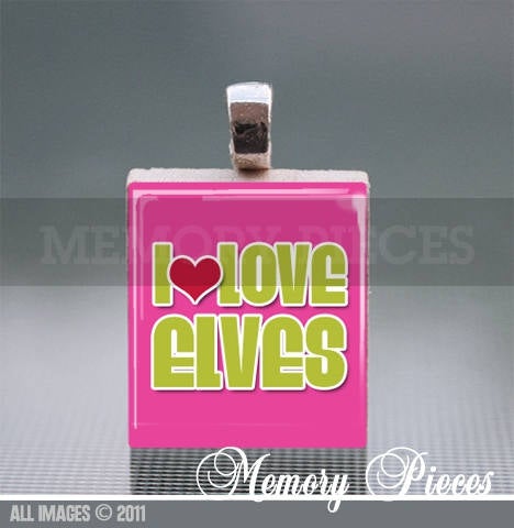 I Love Elves Scrabble Tile Pendant and Silver Ball Chain Necklace