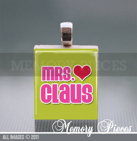 Mrs. Claus Scrabble Tile Pendant and Silver Ball Chain Necklace