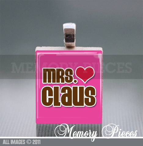 Mrs. Claus Scrabble Tile Pendant and Silver Ball Chain Necklace