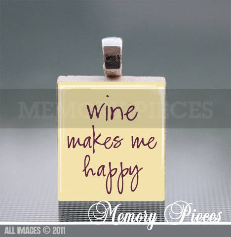 Wine Makes Me Happy Scrabble Tile Pendant with Silver Ball Chain