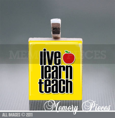 Live, learn, teach Scrabble Tile Pendant with Silver Ball Chain
