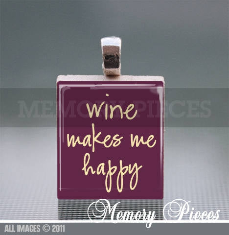 Wine Makes Me Happy Scrabble Tile Pendant with Silver Ball Chain