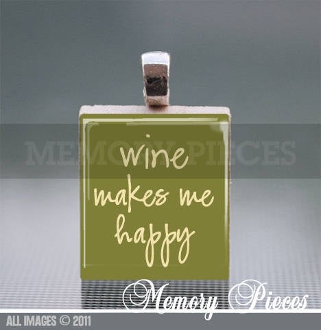 Wine Makes Me Happy Scrabble Tile Pendant with Silver Ball Chain