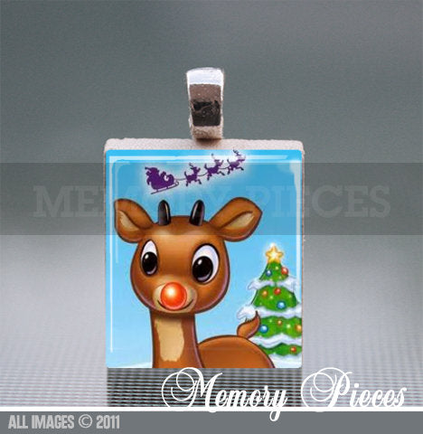 Rudolph Scrabble Tile Pendant with Silver Ball Chain
