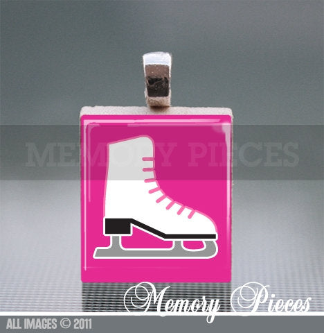 Ice Skate Scrabble Tile Pendant with Ball Chain