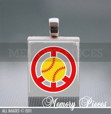 Softball Peace Scrabble Tile Pendant with Ball Chain