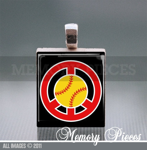 Softball Peace Scrabble Tile Pendant with Ball Chain