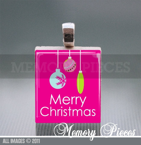 Merry Christmas Scrabble Tile Pendant with Silver Ball Chain