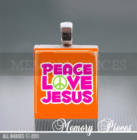 Peace Love Jesus Scrabble Tile Pendant with Silver Ball Chain