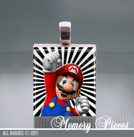 Mario Scrabble Tile Pendant with Silver Ball Chain
