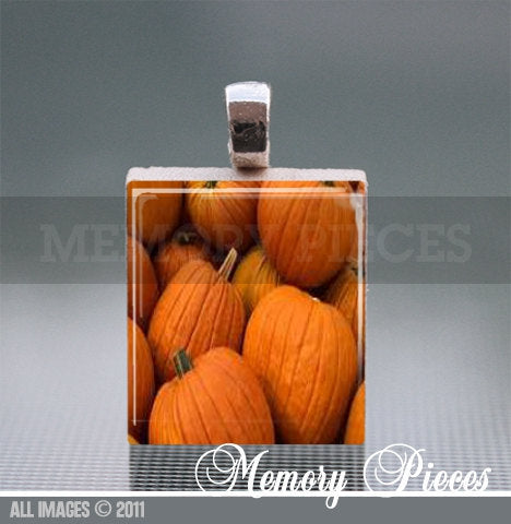 Pumpkins - Halloween Scrabble Tile Pendant with Silver Ball Chain