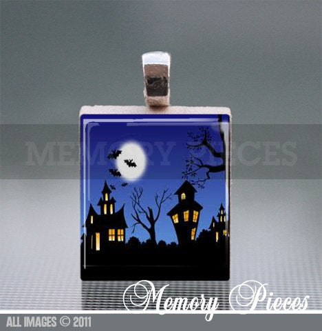 Scary Blue - Halloween Scrabble Tile Pendant with Silver Ball Chain
