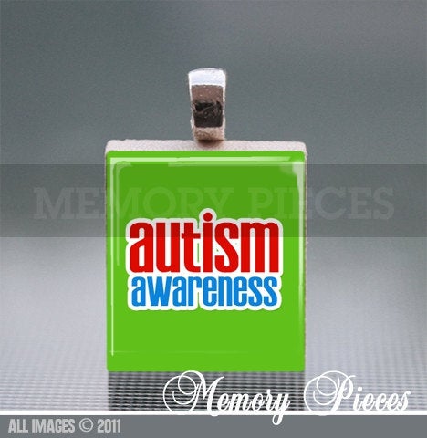 Autism Awareness Scrabble Tile Pendant with Silver Ball Chain.