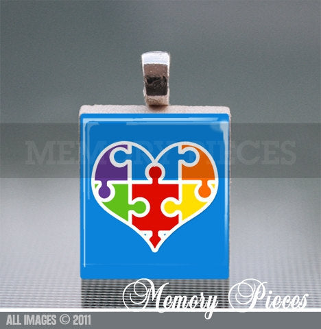 Autism Awareness Heart 'Puzzle Pieces' Scrabble Tile Pendant with Silver Ball Chain