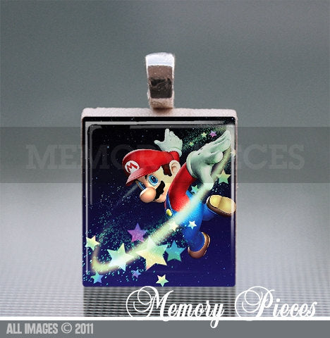 Mario Scrabble Tile Pendant with Silver Ball Chain