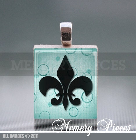 Fleur-de-lis Scrabble Blue in color Tile Pendant with Ball Chain