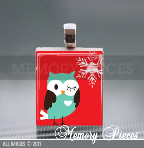 Merry Christmas Owl Scrabble Tile Pendant and Silver Ball Chain Necklace