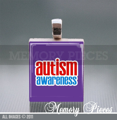 Autism Awareness Scrabble Tile Pendant with Silver Ball Chain.
