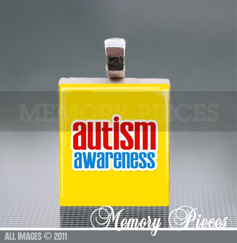 Autism Awareness Scrabble Tile Pendant with Silver Ball Chain.