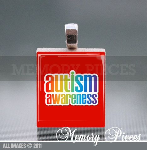 Autism Awareness Scrabble Tile Pendant with Silver Ball Chain.