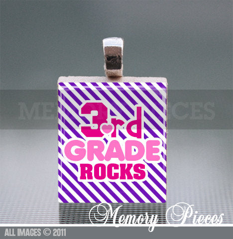 3rd Grade Rocks Scrabble Tile Pendant with Silver Ball Chain