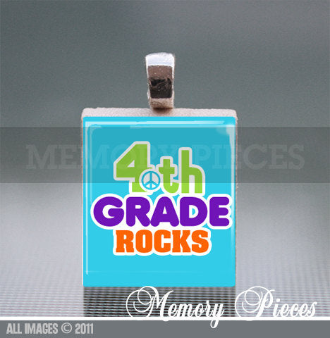 4th Grade Rocks Scrabble Tile Pendant with Silver Ball Chain