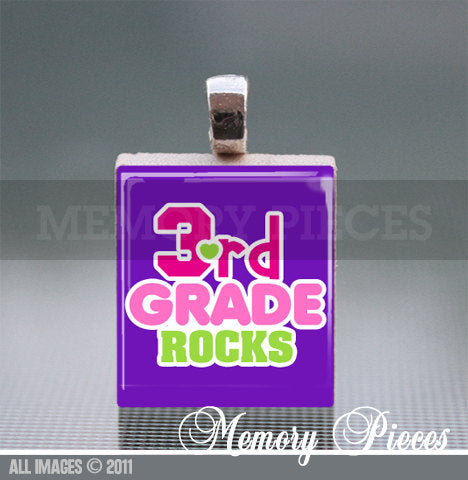 3rd Grade Rocks Scrabble Tile Pendant with Silver Ball Chain