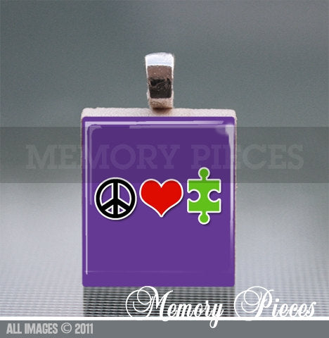 Autism Awareness 'Peace Love Autism' Scrabble Tile Pendant with Silver Ball Chain