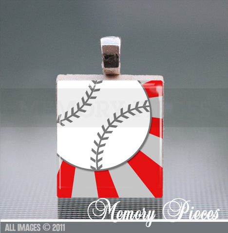 Baseball - Red Scrabble Tile Pendant with Ball Chain